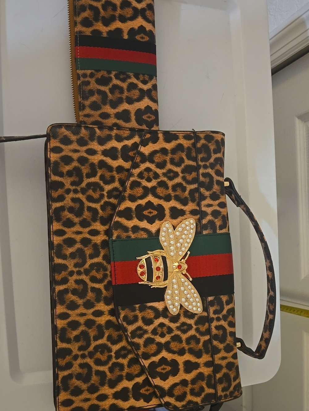 Leopard Print Shoulder Bag with Bee Emblem - Brown